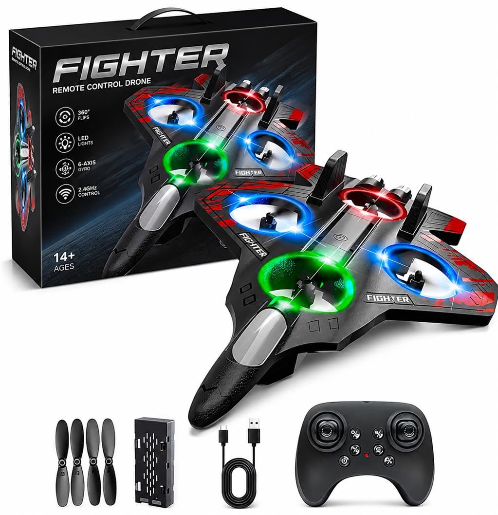Drone RC Aeroplane 2.4GHz Remote Control Fighter Plane E0741, RTF Airplane with LED Lights, USB Rechargeable, DF