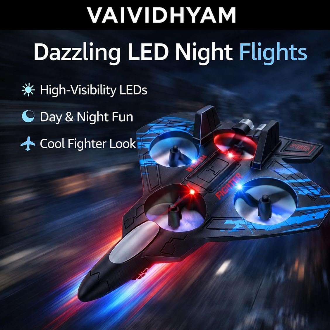 Drone RC Aeroplane 2.4GHz Remote Control Fighter Plane E0741, RTF Airplane with LED Lights, USB Rechargeable, DF