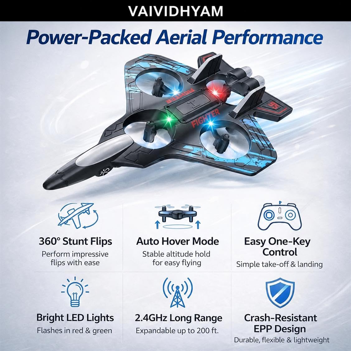 Drone RC Aeroplane 2.4GHz Remote Control Fighter Plane E0741, RTF Airplane with LED Lights, USB Rechargeable, DF