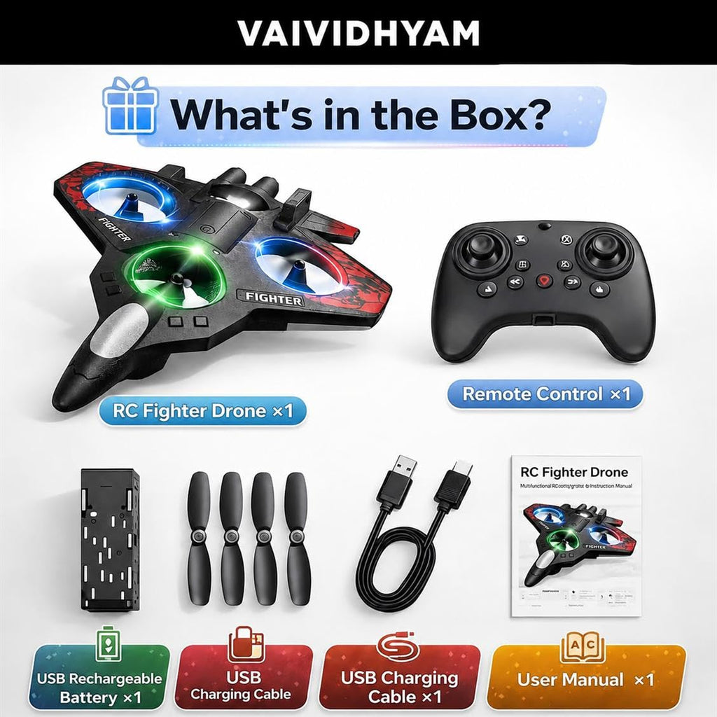 Drone RC Aeroplane 2.4GHz Remote Control Fighter Plane E0741, RTF Airplane with LED Lights, USB Rechargeable, DF