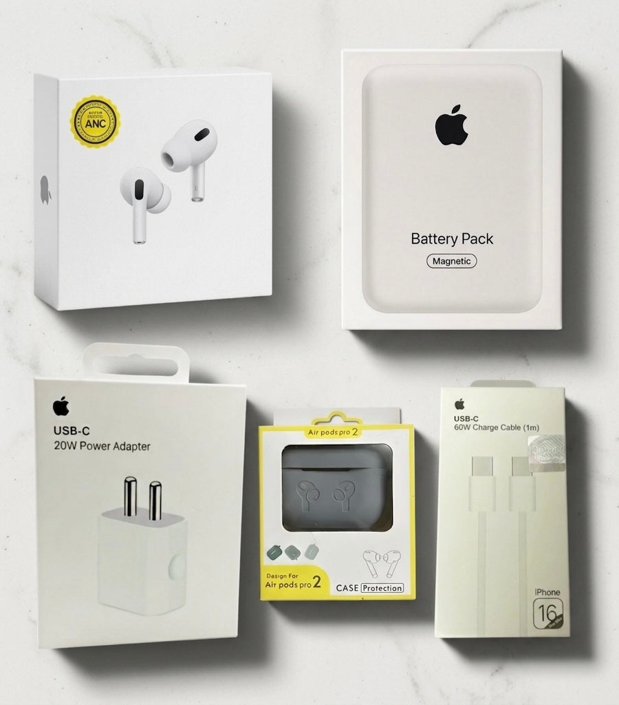 5IN1 COMBO, OG AirPodsPro2, Mag_safe Powerbank, USB-C 20W Power Adapter, Silicon Cover, C to C Cable 60W(5in1 CC))